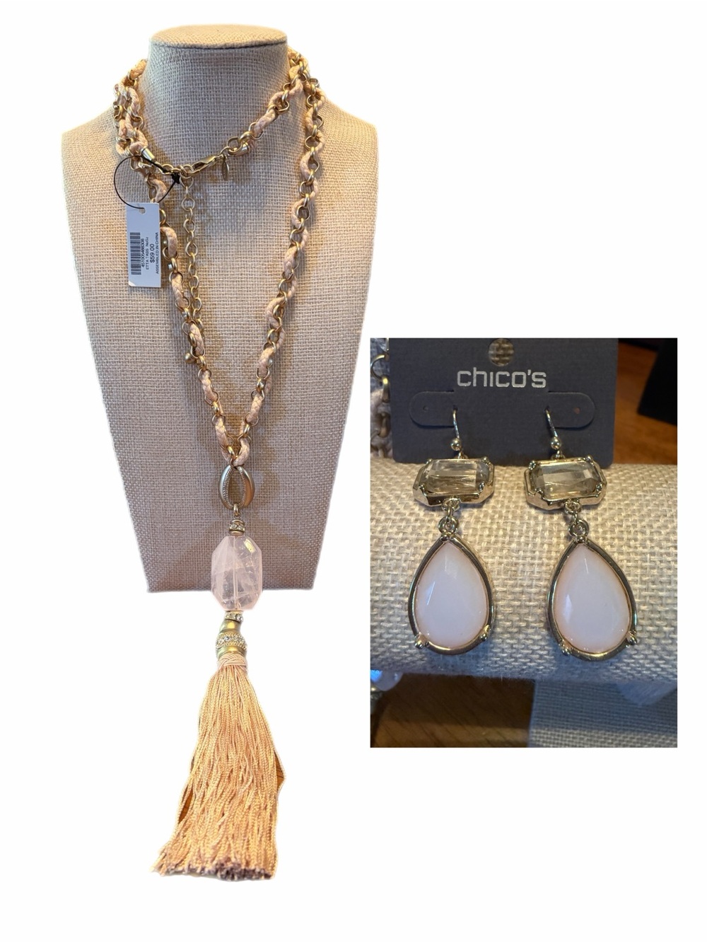 Chico's Gold-Tone Chain Necklace with Blush Pink Tassel & Pink Teardrop Earrings